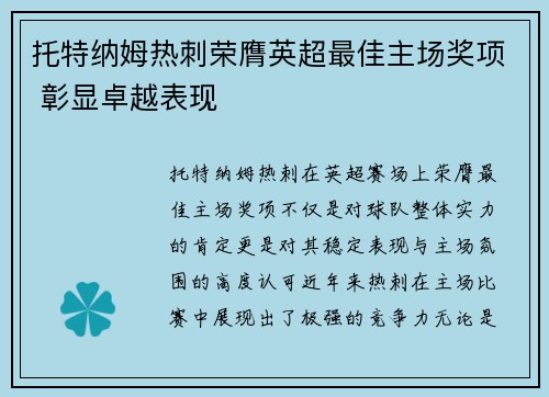 托特纳姆热刺荣膺英超最佳主场奖项 彰显卓越表现